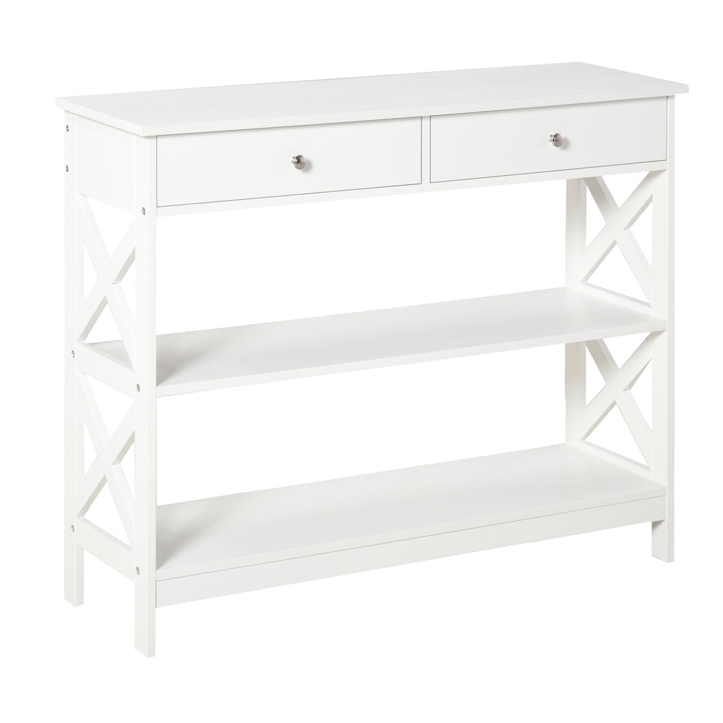 Table de console table d'entrée style table de drapier néo-rétro 2 tiroirs 2 étagères dim. 100L x 30,5l x 80H cm en bois blanc
