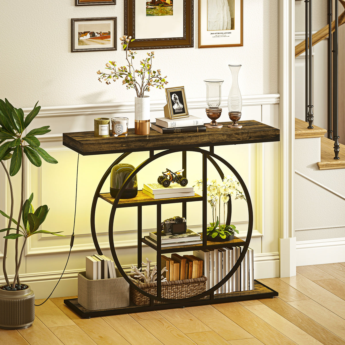 Console meuble avec éclairage LED 100 cm, table console à 4 niveaux avec étagères ouvertes, marron rustique et noir