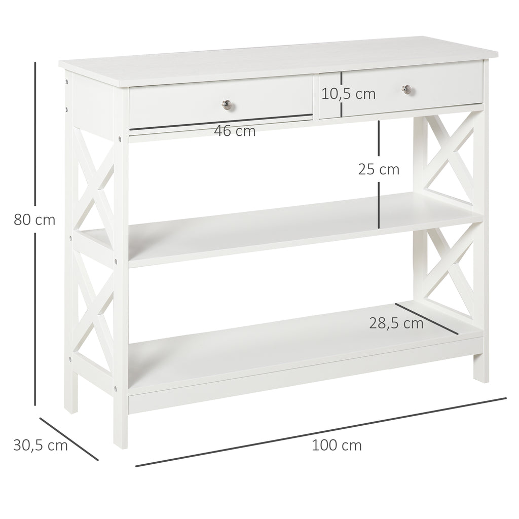 Table de console table d'entrée style table de drapier néo-rétro 2 tiroirs 2 étagères dim. 100L x 30,5l x 80H cm en bois blanc