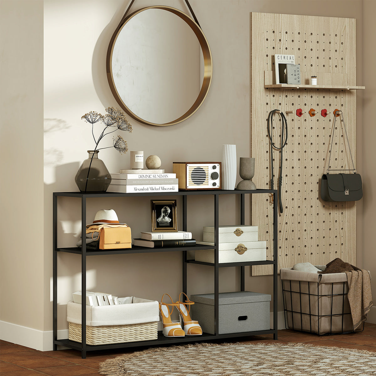 Console meuble étroite à 4 niveaux style industriel cadre en acier, 110 x 30 x 75 cm, noir