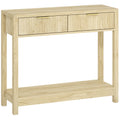Console meuble 90 cm, table console étroite avec 2 tiroirs rainurés et étagère, style moderne, bois naturel