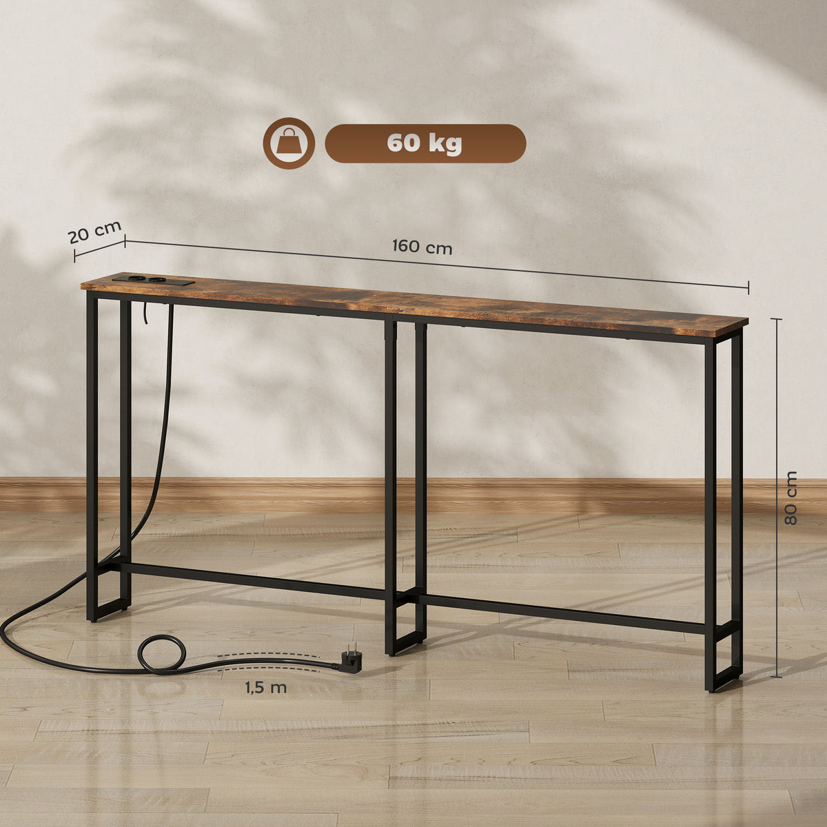 Table console étroite style industriel avec prises de courant et USB, pour salon entrée couloir, 160x20x80cm, marron