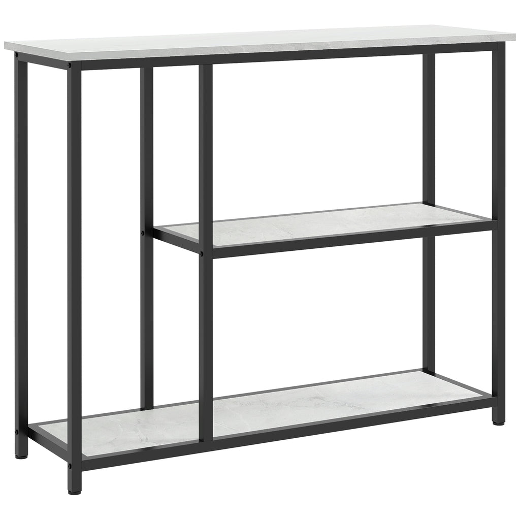 Console meuble 100 cm, table console 3 niveaux, plateaux en effet marbre, cadre en acier, blanc