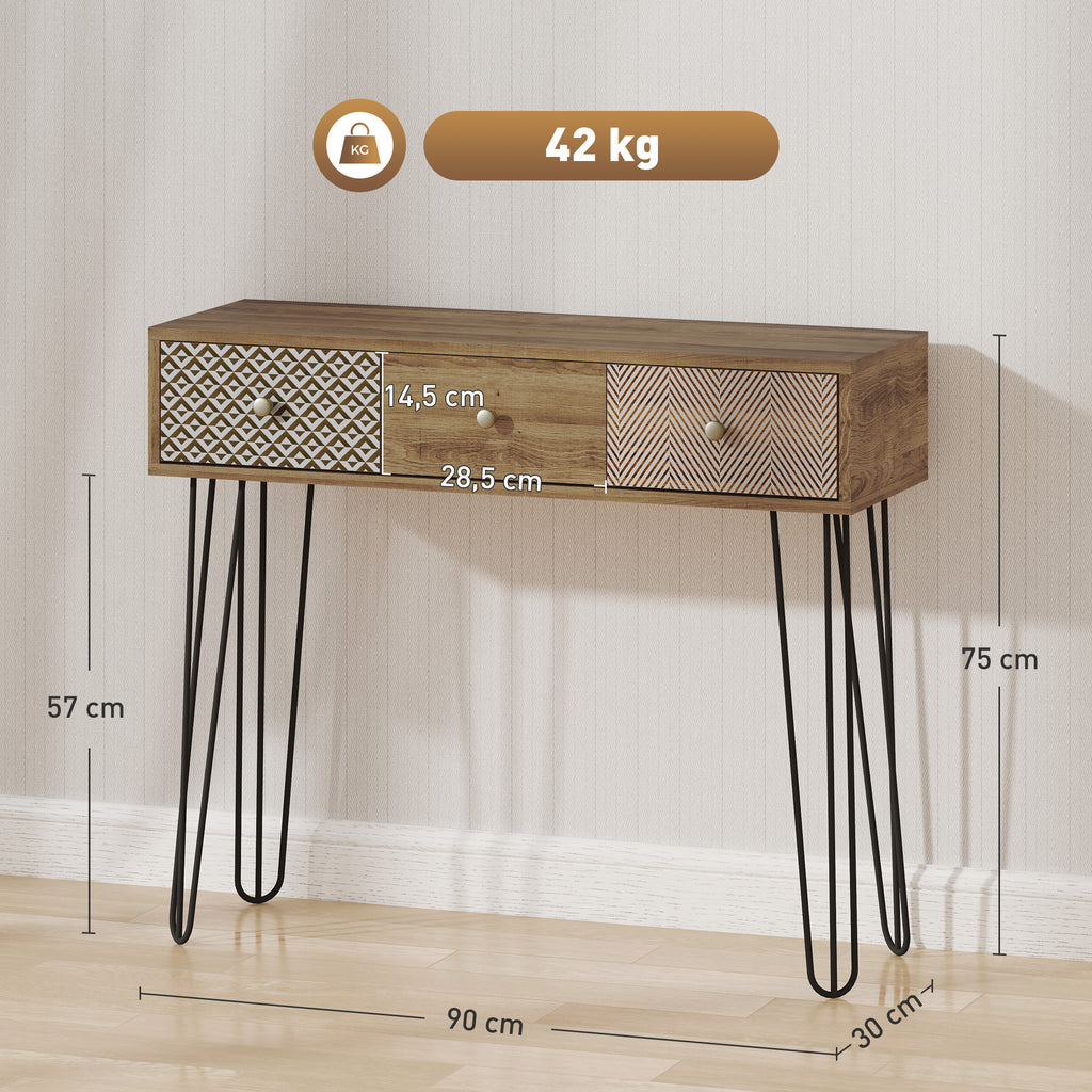 Table console avec 3 tiroirs, table d'entrée étroite avec pieds en épingle à cheveux en acier, 90 x 30 x 75 cm, marron