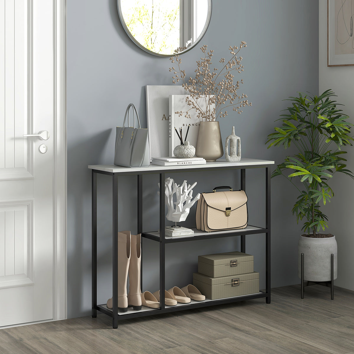 Console meuble 100 cm, table console 3 niveaux, plateaux en effet marbre, cadre en acier, blanc