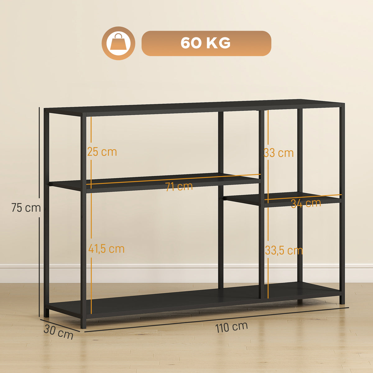 Console meuble étroite à 4 niveaux style industriel cadre en acier, 110 x 30 x 75 cm, noir
