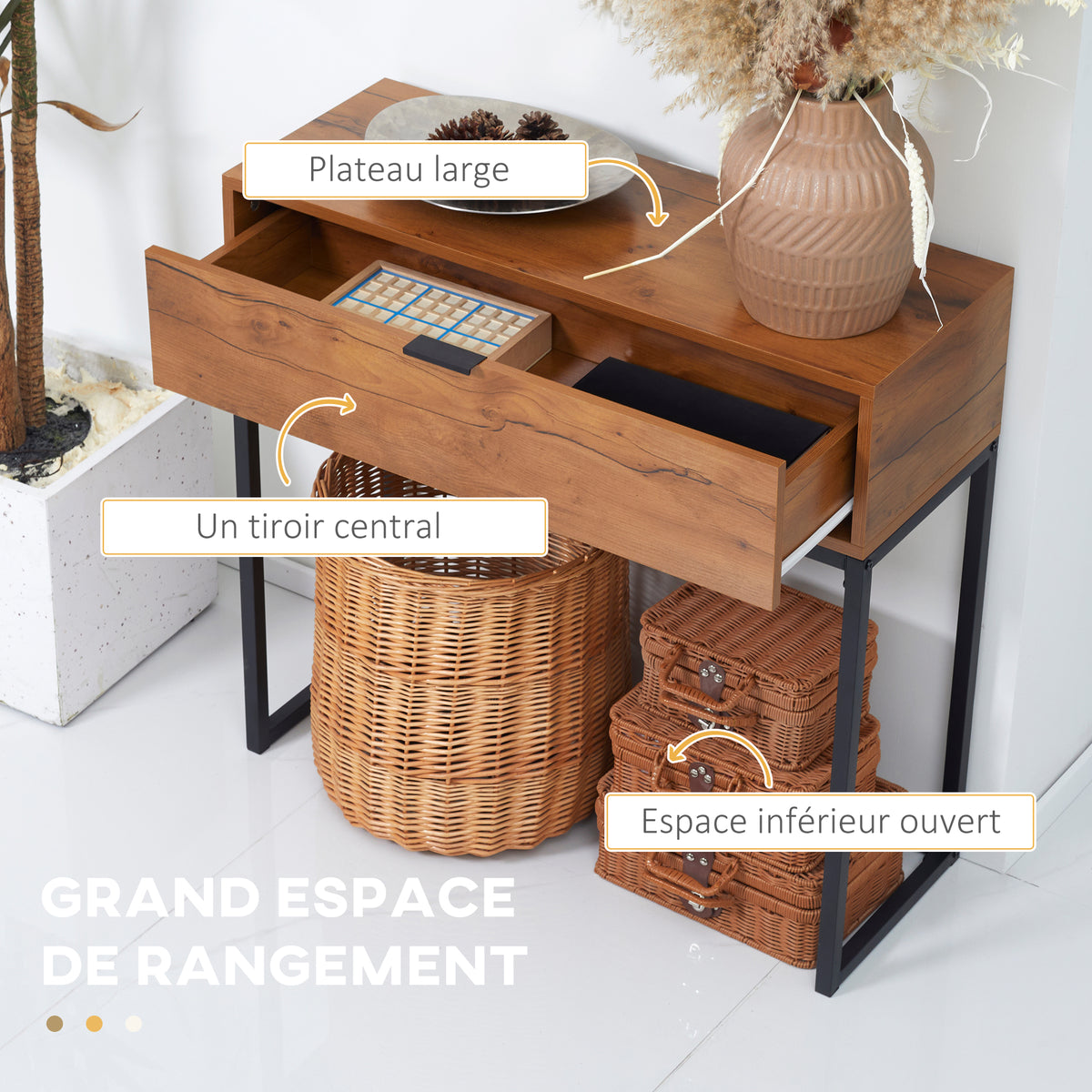 Console meuble, table console avec tiroir et pieds en acier, pour salon, entrée, couloir, 80 x 30 x 76 cm, marron