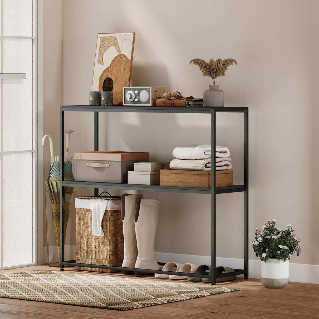 Table Console en Acier 2 Étagères Design Moderne pour Salon Entrée Couloir 100 x 30 x 87 cm Noir