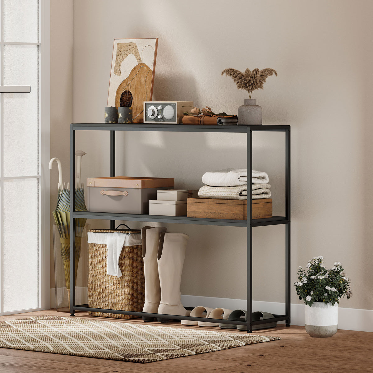 Table Console en Acier 2 Étagères Design Moderne pour Salon Entrée Couloir 100 x 30 x 87 cm Noir
