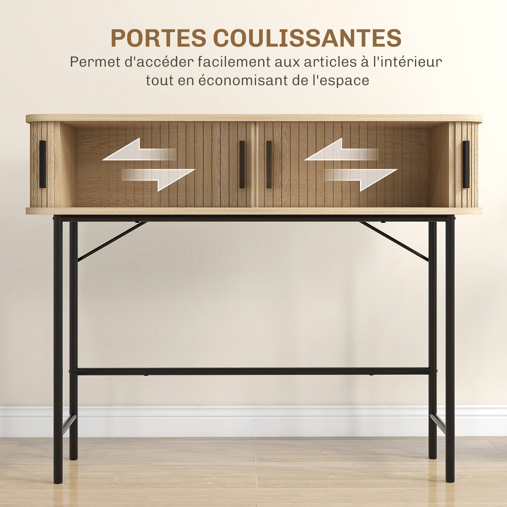 Console meuble, table console avec portes coulissantes à lattes et pieds en acier, pour salon, chêne et noir
