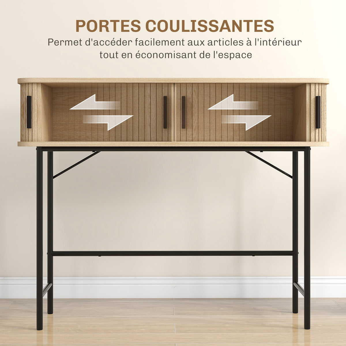 Console meuble, table console avec portes coulissantes à lattes et pieds en acier, pour salon, chêne et noir