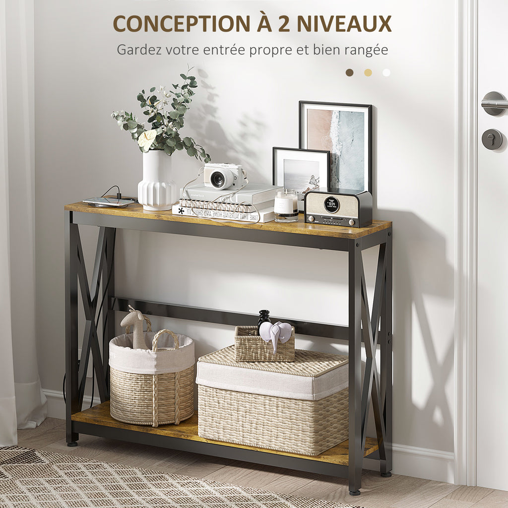 Console meuble étroite à 2 niveaux style industriel avec prises de courant et USB, 100 x 24 x 75 cm, marron