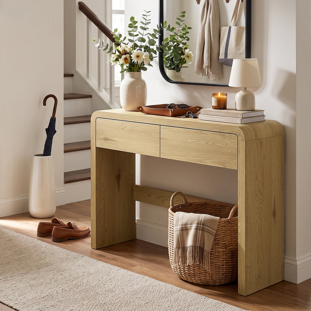 Table Console avec 2 Tiroirs, Console Meuble, 100 x 30 x 85 cm, Coins Arrondis et Plateau Épais, Bois Naturel
