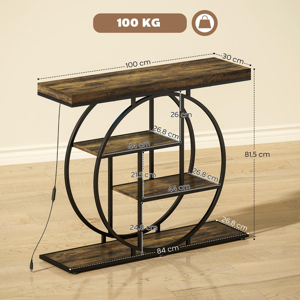 Console meuble avec éclairage LED 100 cm, table console à 4 niveaux avec étagères ouvertes, marron rustique et noir