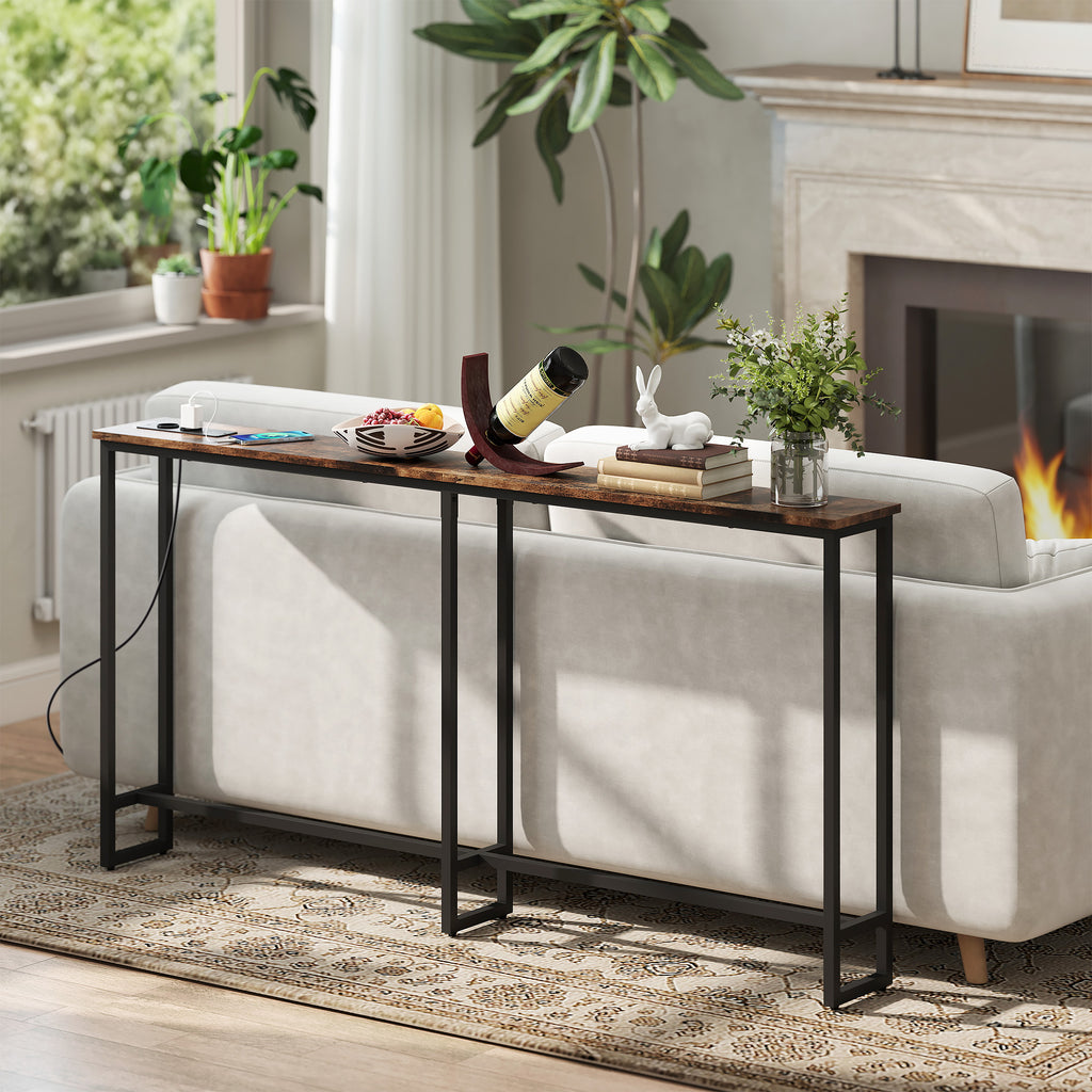 Table console étroite style industriel avec prises de courant et USB, pour salon entrée couloir, 160x20x80cm, marron