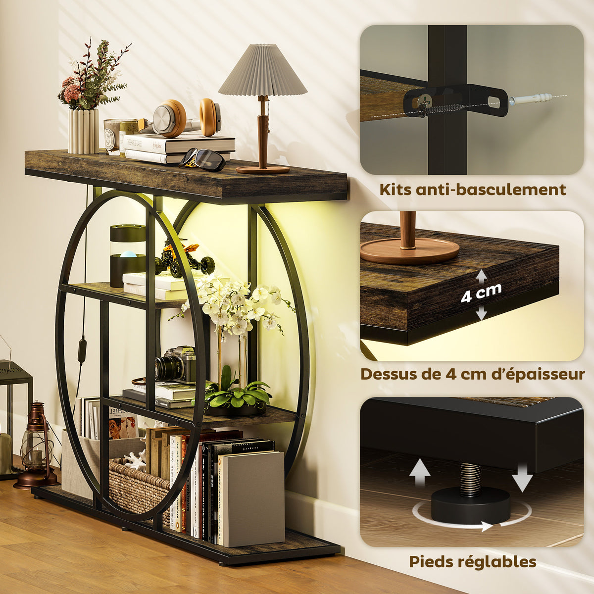 Console meuble avec éclairage LED 100 cm, table console à 4 niveaux avec étagères ouvertes, marron rustique et noir