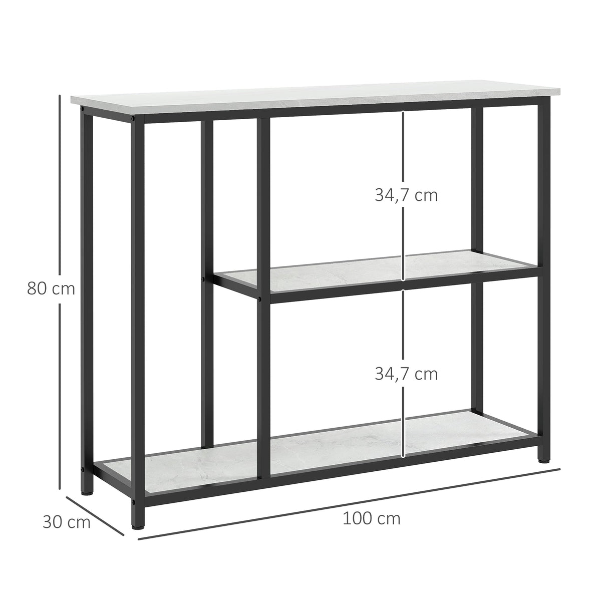 Console meuble 100 cm, table console 3 niveaux, plateaux en effet marbre, cadre en acier, blanc - Unlucky’s Shop