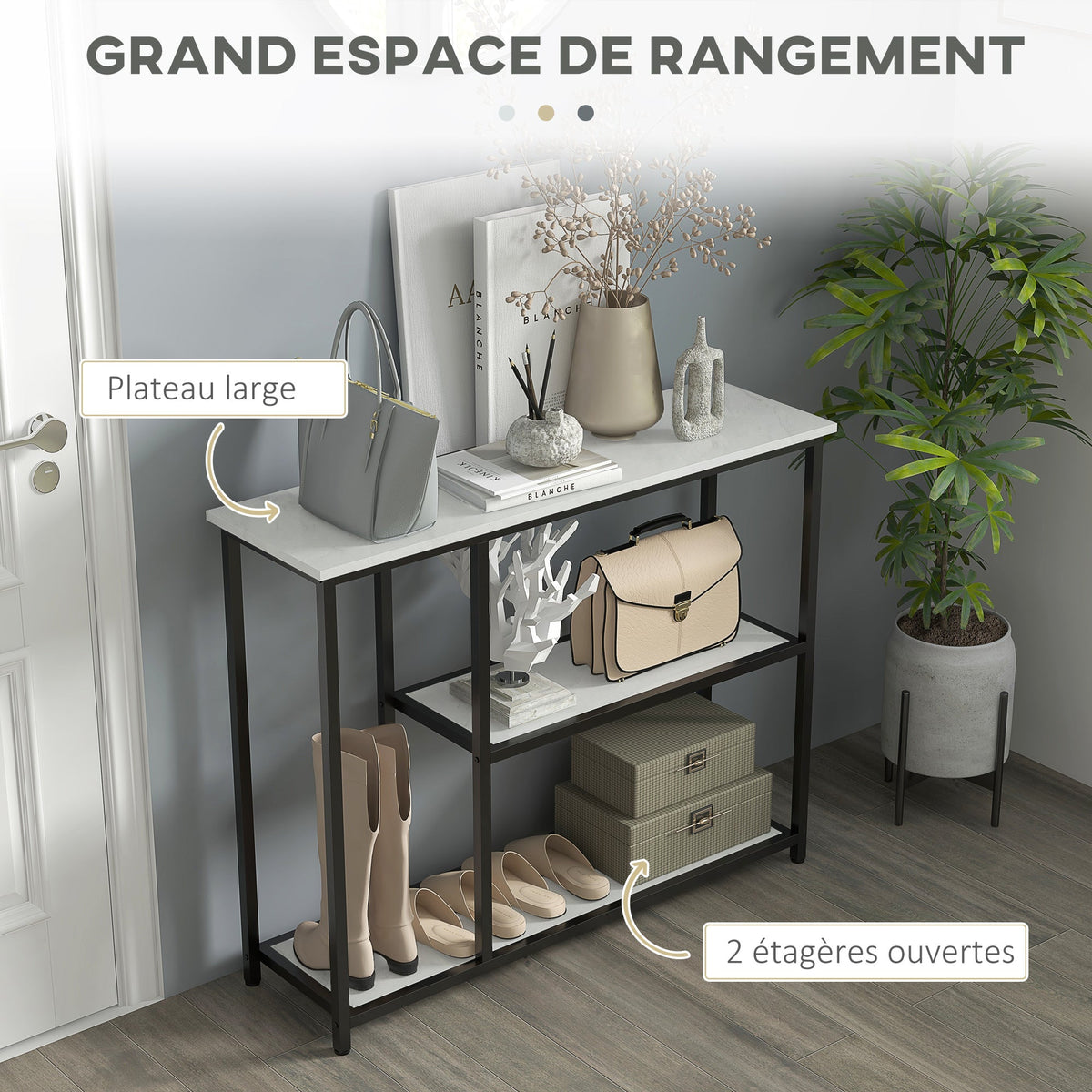 Console meuble 100 cm, table console 3 niveaux, plateaux en effet marbre, cadre en acier, blanc - Unlucky’s Shop