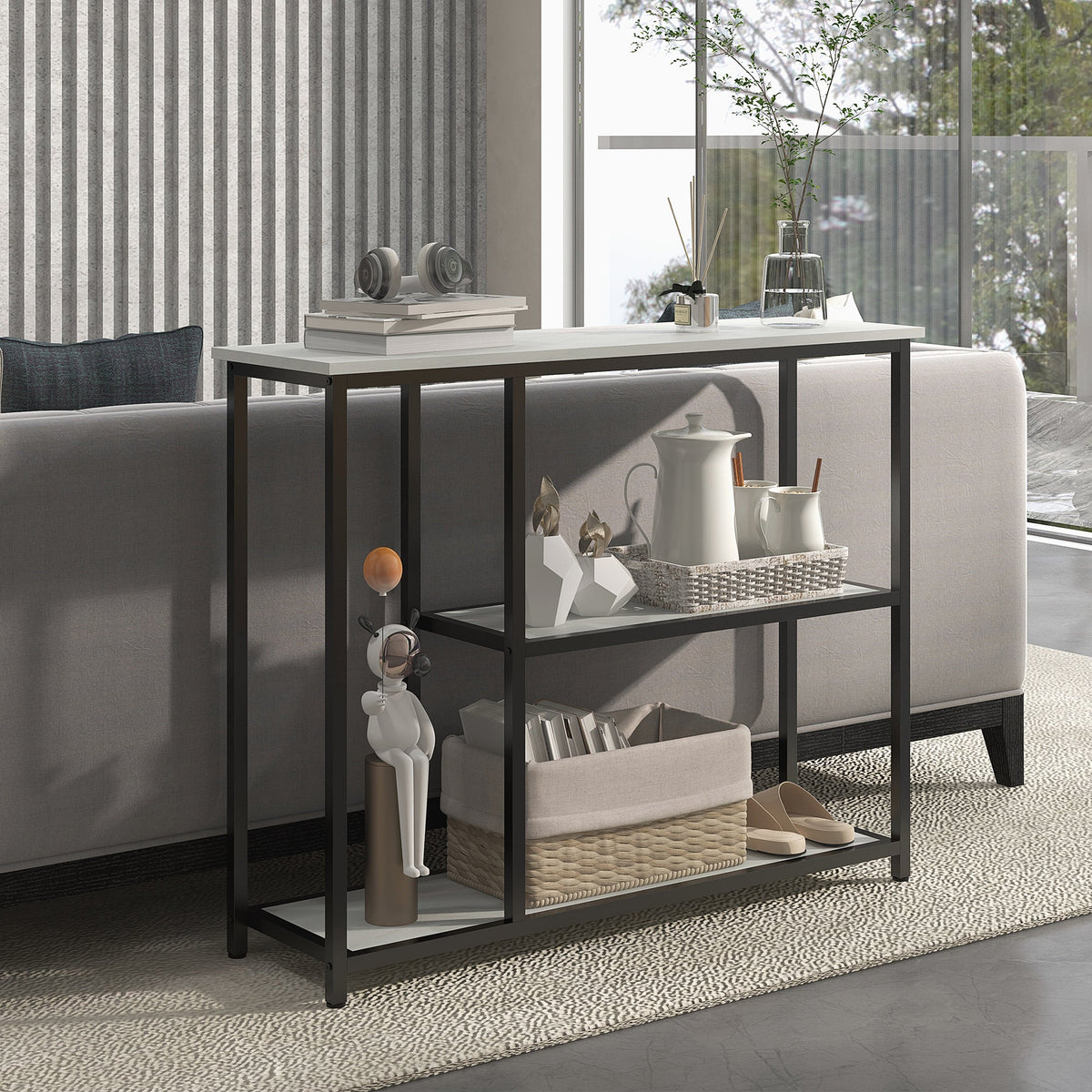 Console meuble 100 cm, table console 3 niveaux, plateaux en effet marbre, cadre en acier, blanc - Unlucky’s Shop