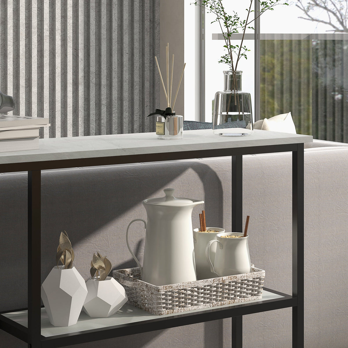 Console meuble 100 cm, table console 3 niveaux, plateaux en effet marbre, cadre en acier, blanc - Unlucky’s Shop