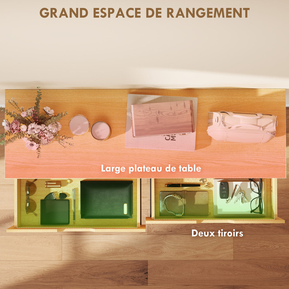 Console meuble 110 cm, table console étroite avec 2 tiroirs, cadre en métal et design sans poignées, bois naturel - Unlucky’s Shop