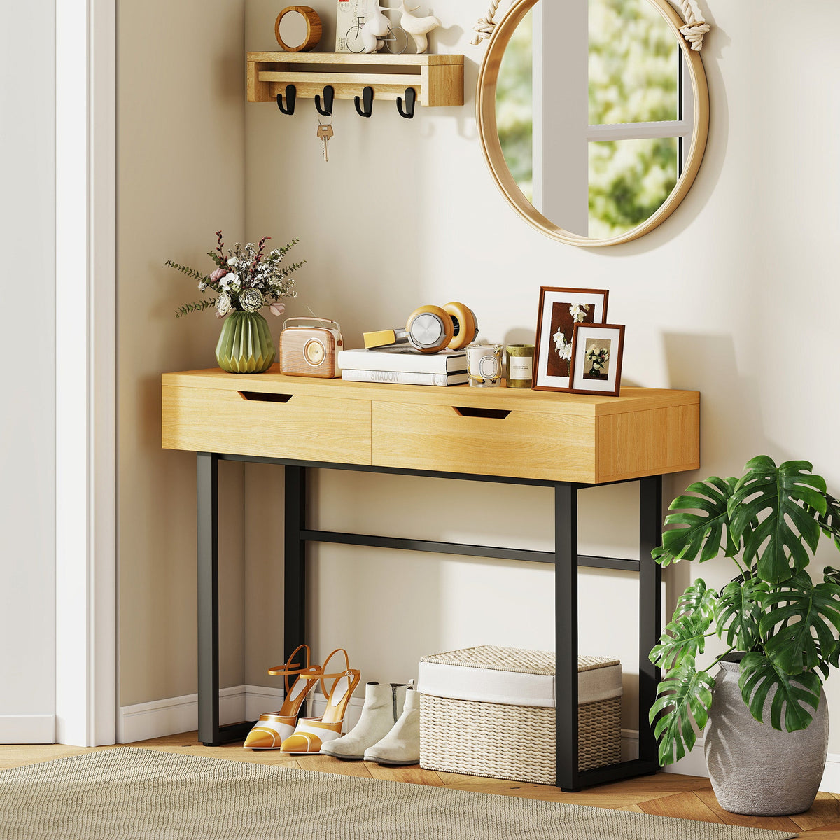 Console meuble 110 cm, table console étroite avec 2 tiroirs, cadre en métal et design sans poignées, bois naturel - Unlucky’s Shop