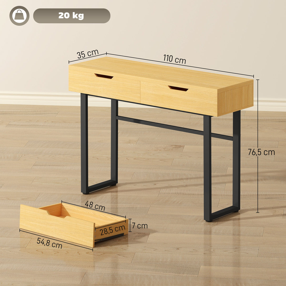 Console meuble 110 cm, table console étroite avec 2 tiroirs, cadre en métal et design sans poignées, bois naturel - Unlucky’s Shop