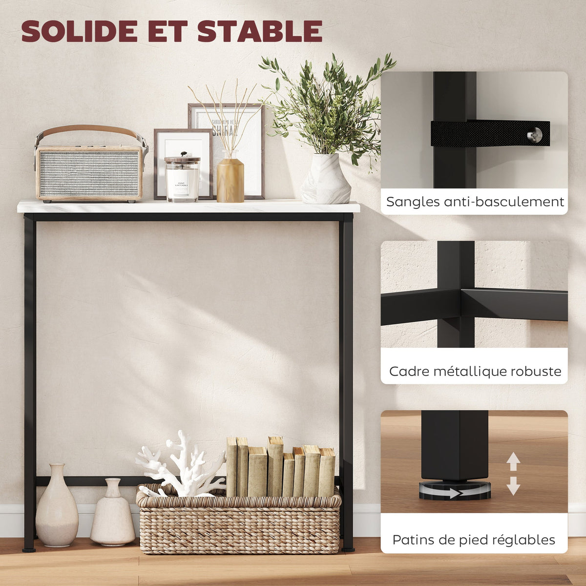 Console meuble 75 cm, table console plateaux en effet marbre, cadre en métal, style moderne blanc et noir - Unlucky’s Shop