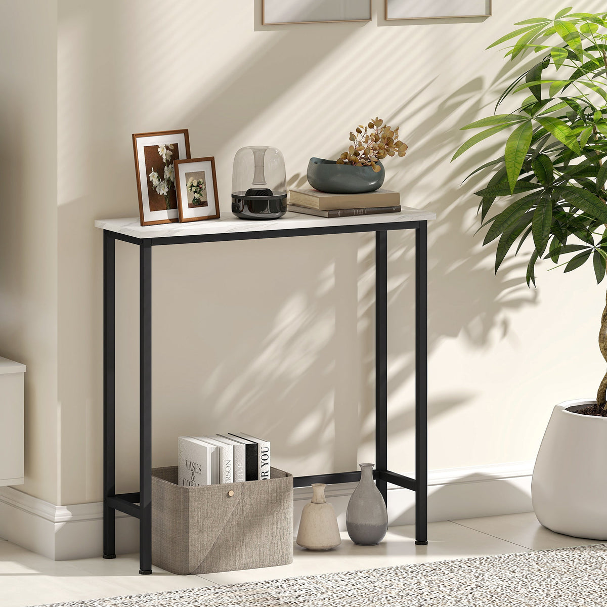 Console meuble 75 cm, table console plateaux en effet marbre, cadre en métal, style moderne blanc et noir - Unlucky’s Shop