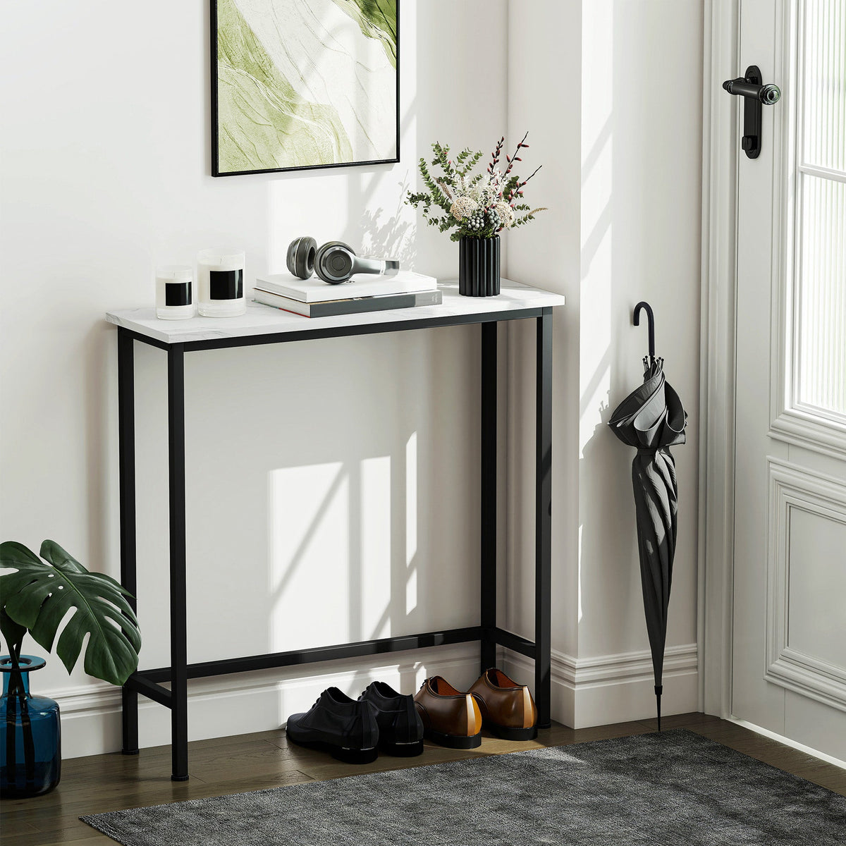 Console meuble 75 cm, table console plateaux en effet marbre, cadre en métal, style moderne blanc et noir - Unlucky’s Shop