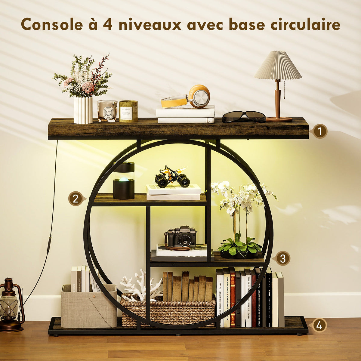 Console meuble avec éclairage LED 100 cm, table console à 4 niveaux avec étagères ouvertes, marron rustique et noir - Unlucky’s Shop