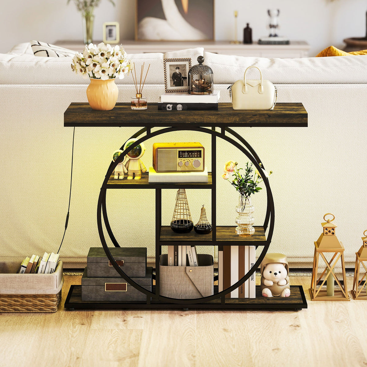 Console meuble avec éclairage LED 100 cm, table console à 4 niveaux avec étagères ouvertes, marron rustique et noir - Unlucky’s Shop