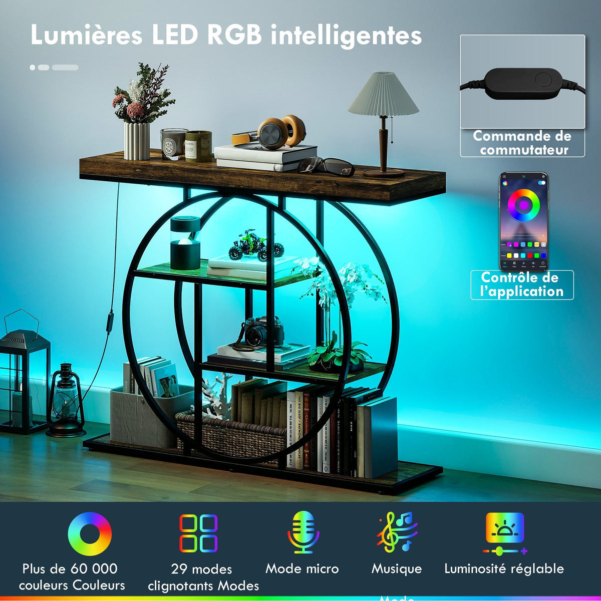 Console meuble avec éclairage LED 100 cm, table console à 4 niveaux avec étagères ouvertes, marron rustique et noir - Unlucky’s Shop