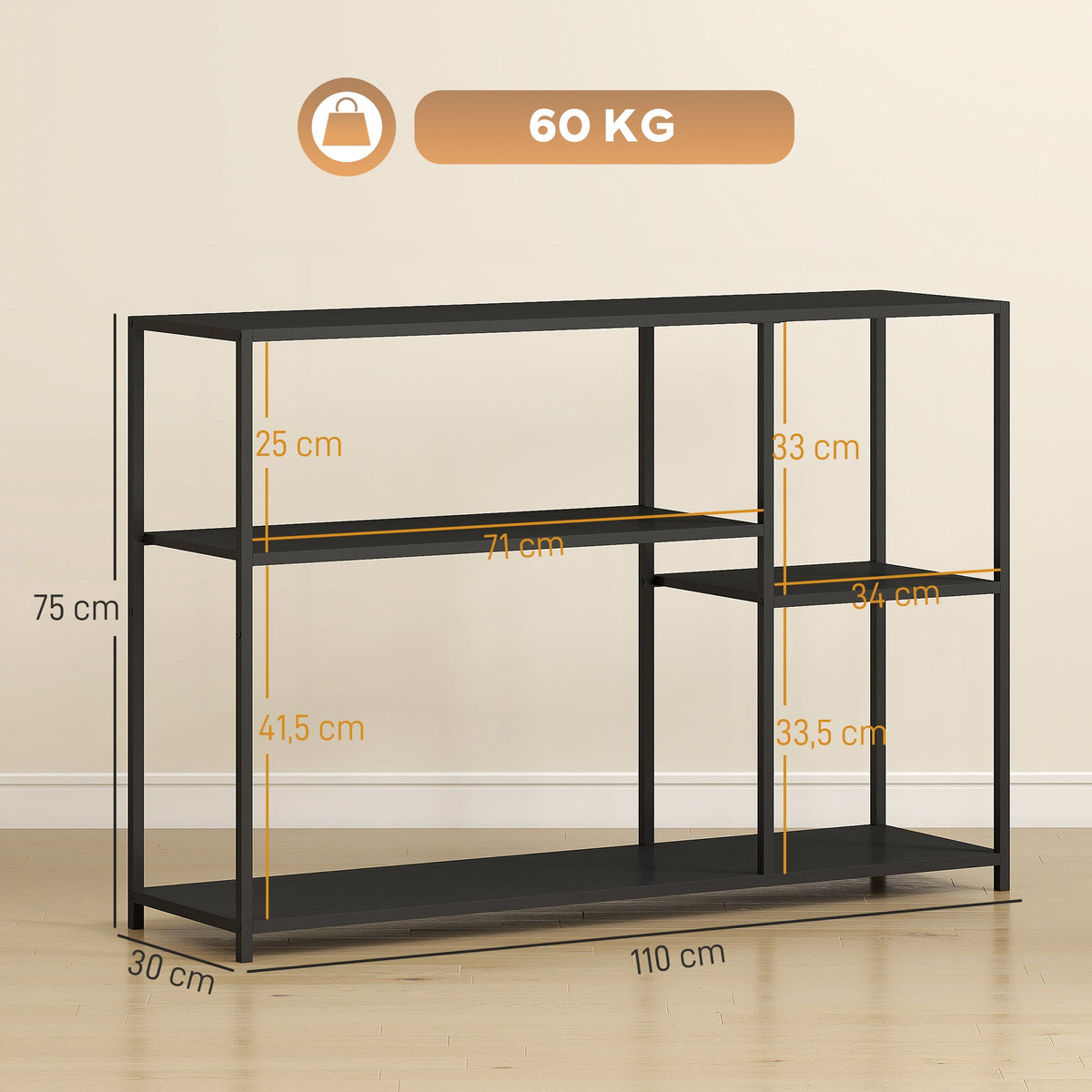 Console meuble étroite à 4 niveaux style industriel cadre en acier, 110 x 30 x 75 cm, noir - Unlucky’s Shop
