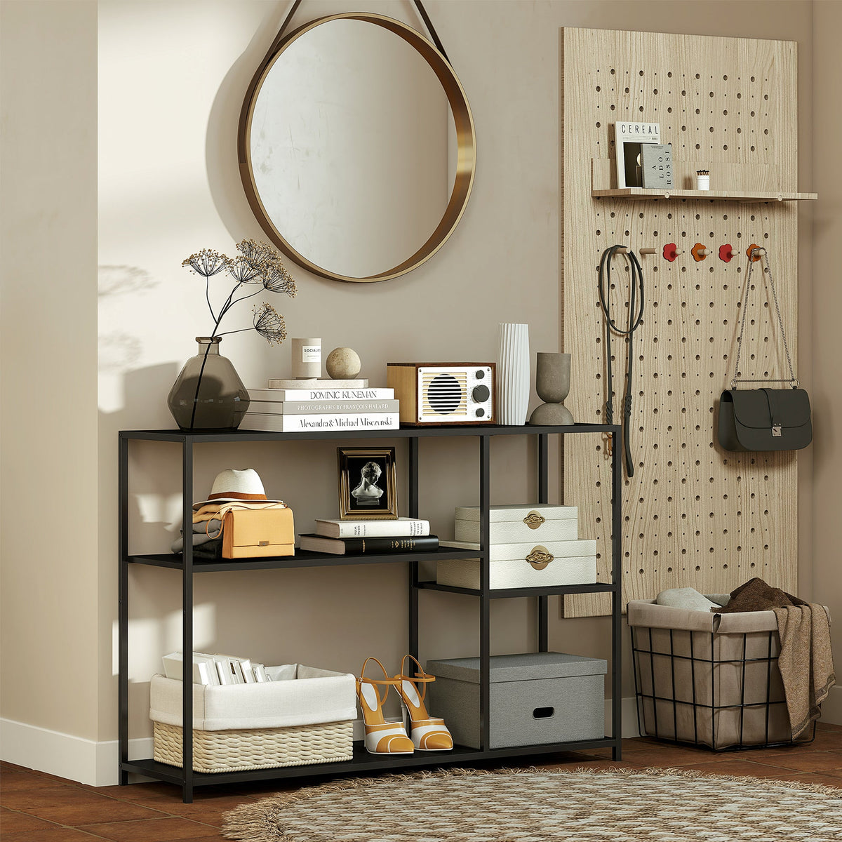 Console meuble étroite à 4 niveaux style industriel cadre en acier, 110 x 30 x 75 cm, noir - Unlucky’s Shop