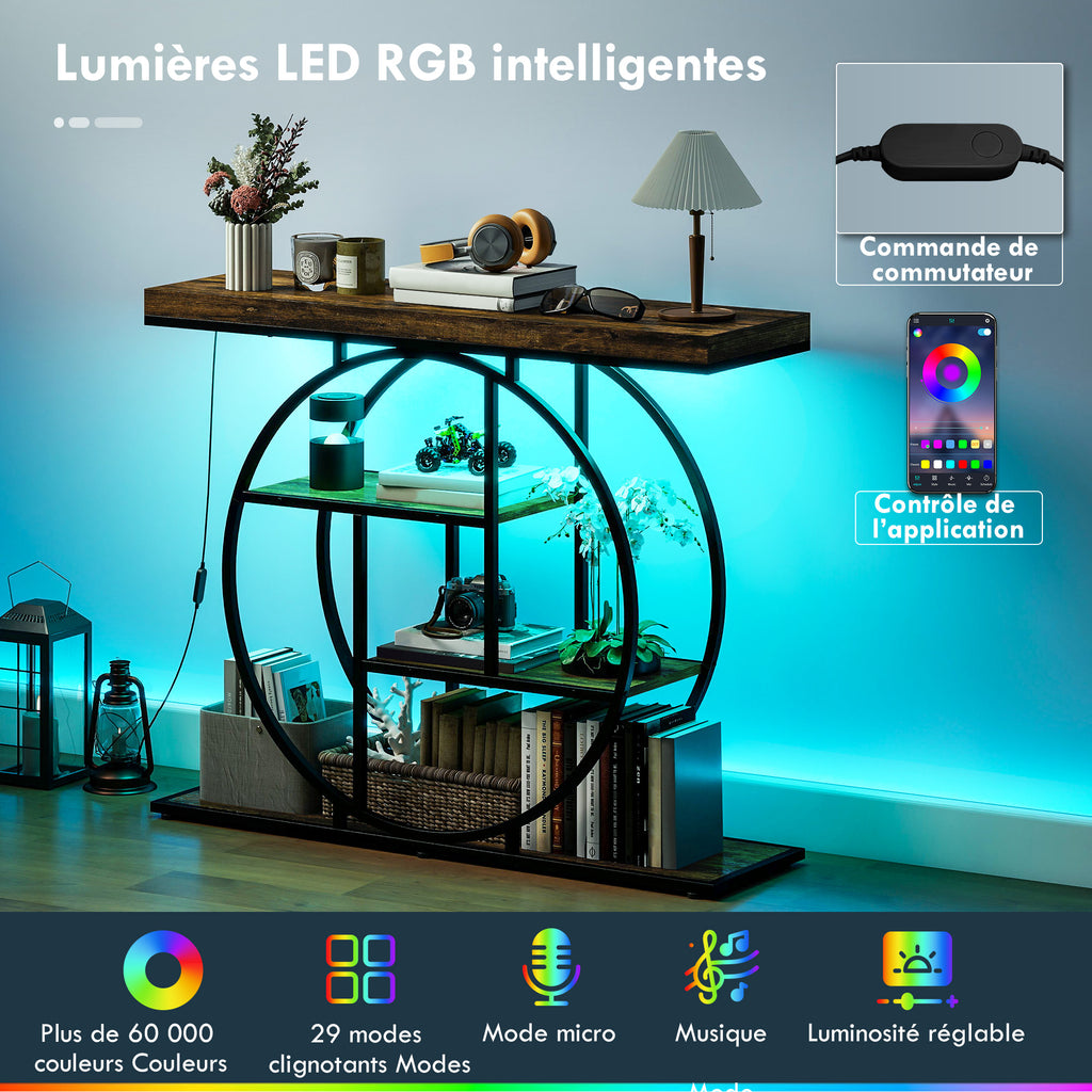 Console meuble avec éclairage LED 100 cm, table console à 4 niveaux avec étagères ouvertes, marron rustique et noir