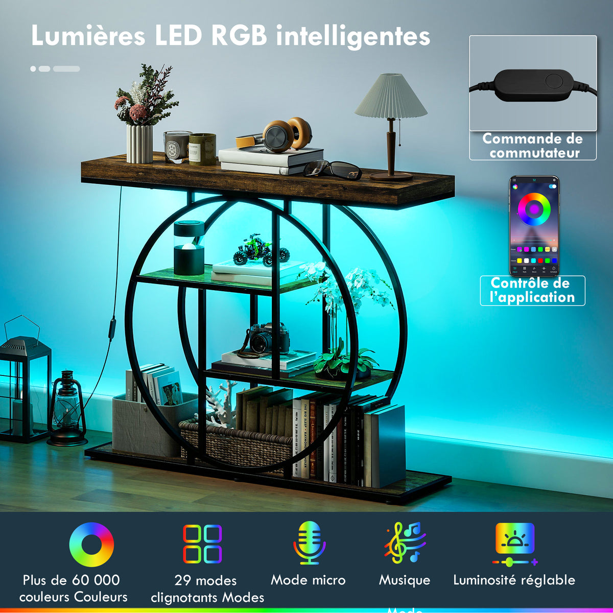 Console meuble avec éclairage LED 100 cm, table console à 4 niveaux avec étagères ouvertes, marron rustique et noir