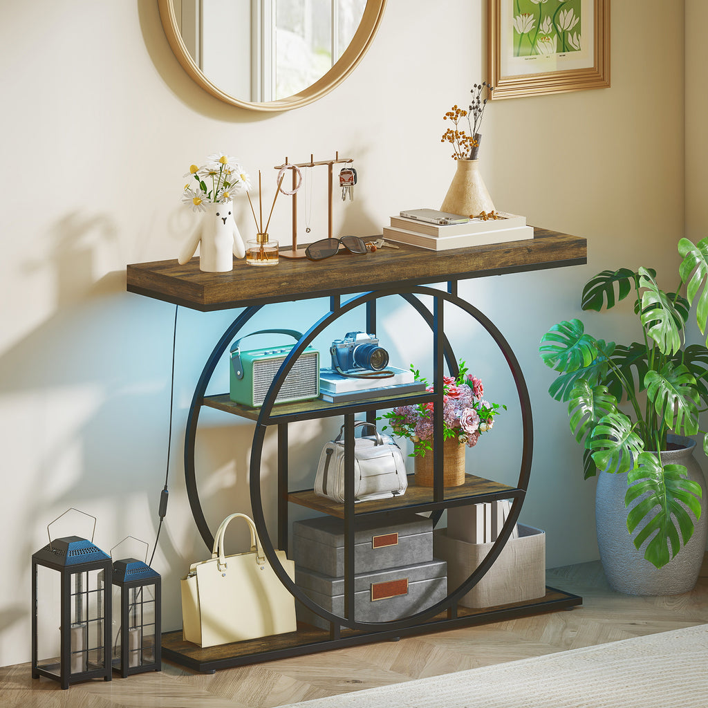Console meuble avec éclairage LED 100 cm, table console à 4 niveaux avec étagères ouvertes, marron rustique et noir