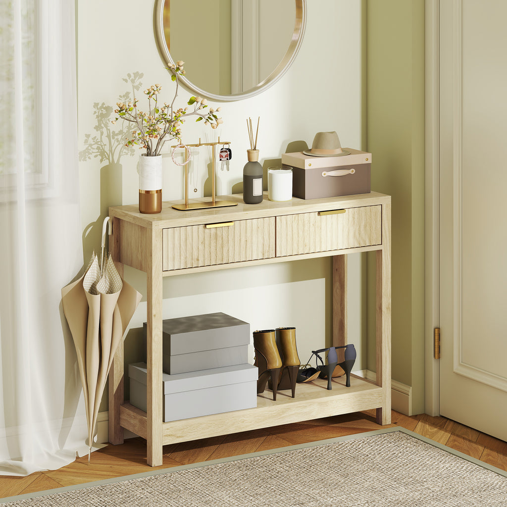 Console meuble 90 cm, table console étroite avec 2 tiroirs rainurés et étagère, style moderne, bois naturel
