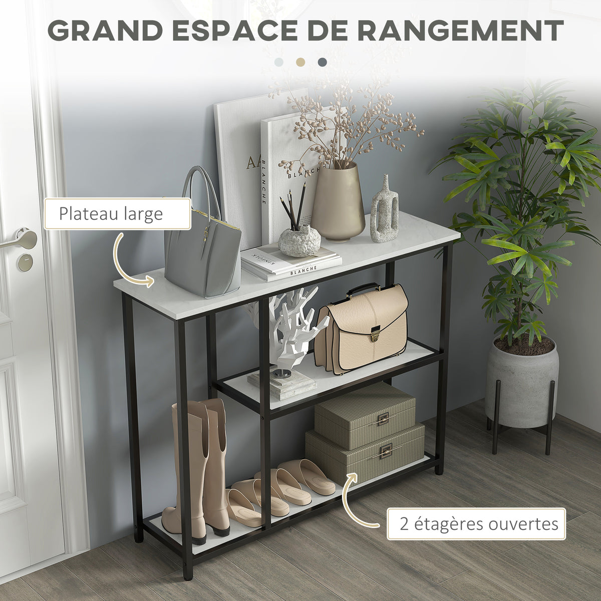 Console meuble 100 cm, table console 3 niveaux, plateaux en effet marbre, cadre en acier, blanc