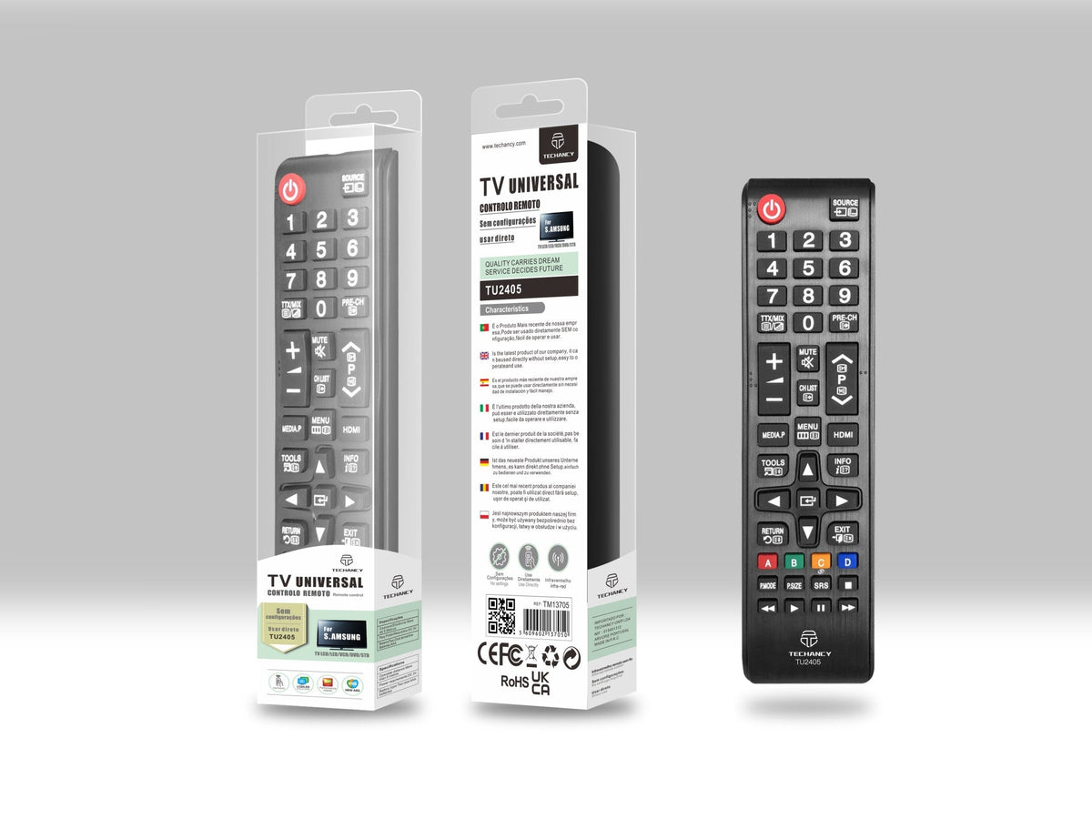 Techancy Controlo Remoto Do Televisor  TU2405, Alcance Sem Fios De 8m, Compatível Com Televisores Samsung, Ligação Auto-Adaptável