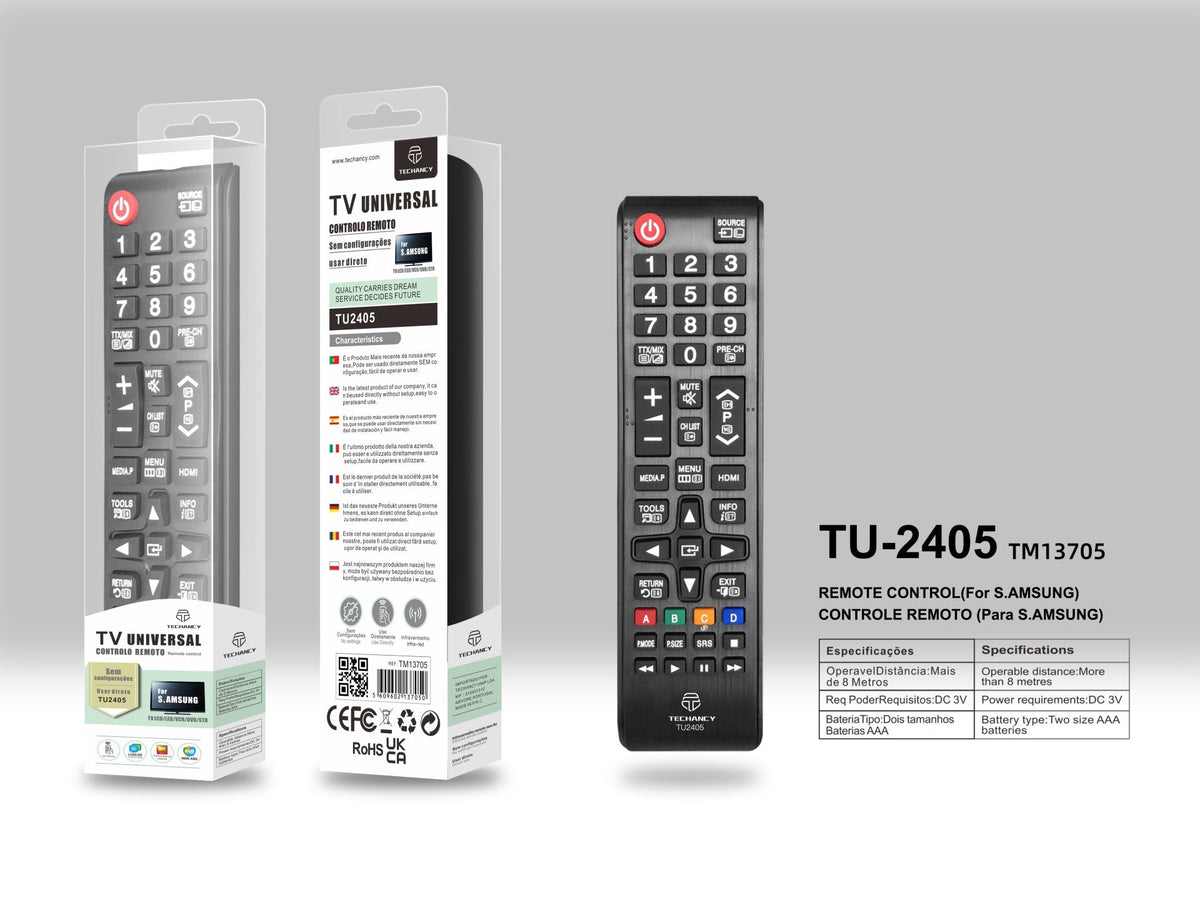 Techancy Controlo Remoto Do Televisor  TU2405, Alcance Sem Fios De 8m, Compatível Com Televisores Samsung, Ligação Auto-Adaptável