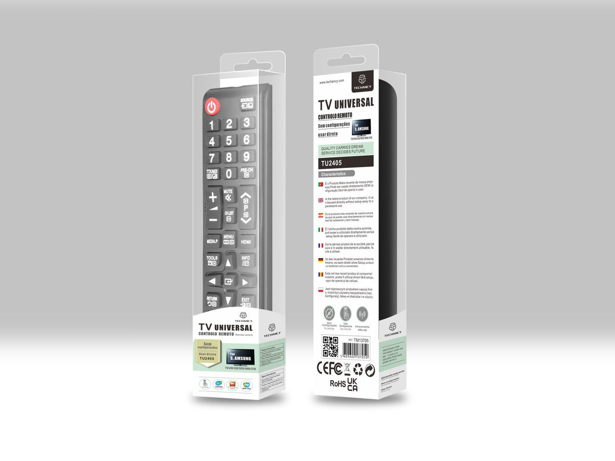 Techancy Controlo Remoto Do Televisor  TU2405, Alcance Sem Fios De 8m, Compatível Com Televisores Samsung, Ligação Auto-Adaptável