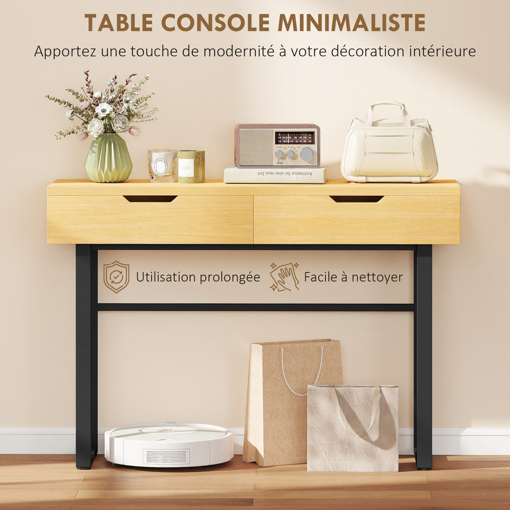 Console meuble 110 cm, table console étroite avec 2 tiroirs, cadre en métal et design sans poignées, bois naturel