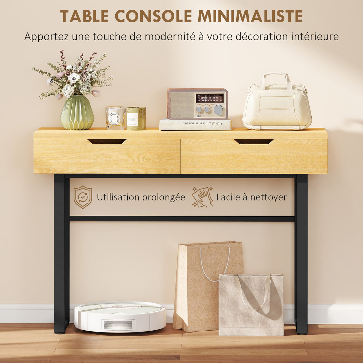 Console meuble 110 cm, table console étroite avec 2 tiroirs, cadre en métal et design sans poignées, bois naturel
