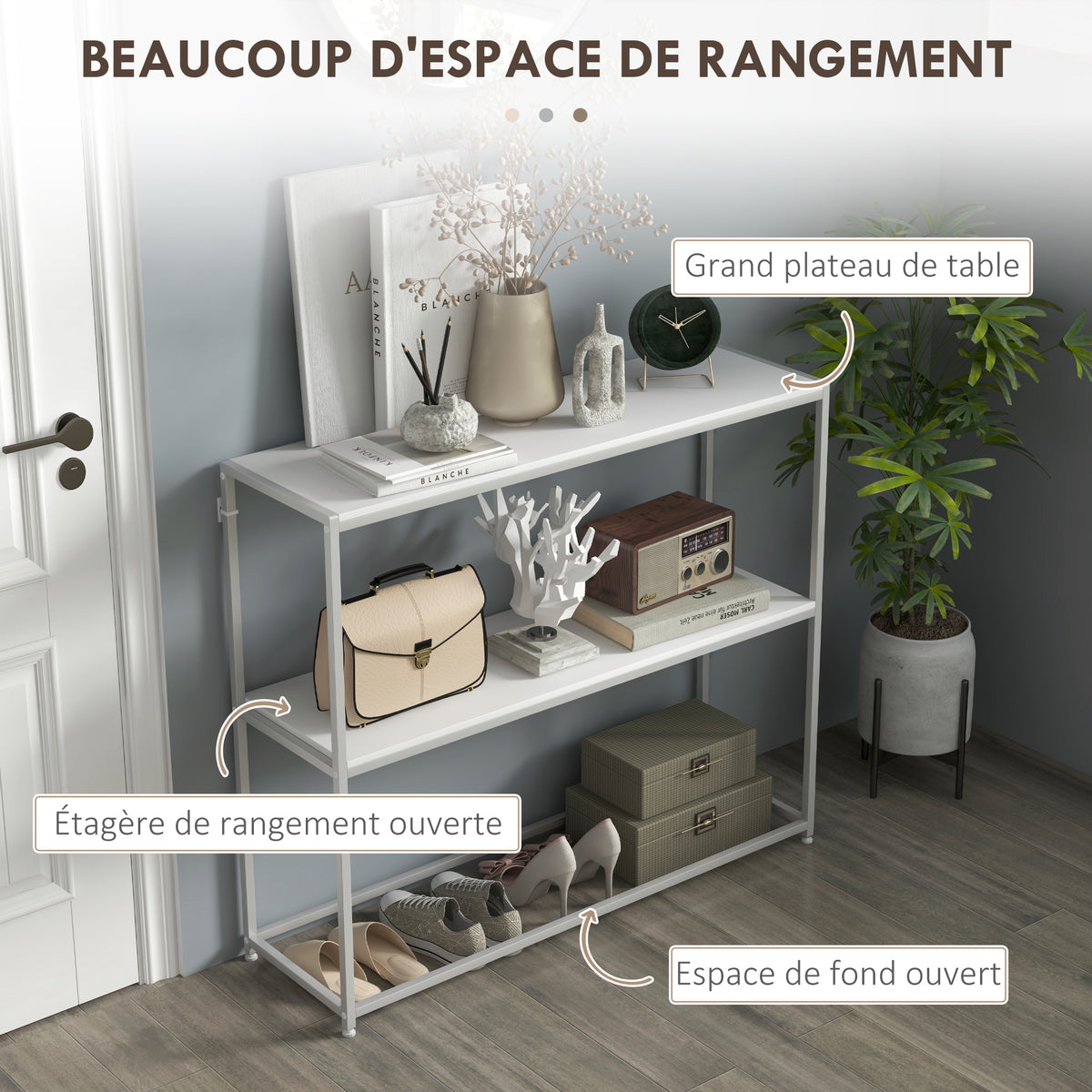 Table console en acier 2 étagères design moderne pour salon entrée couloir 100 x 30 x 87 cm blanc