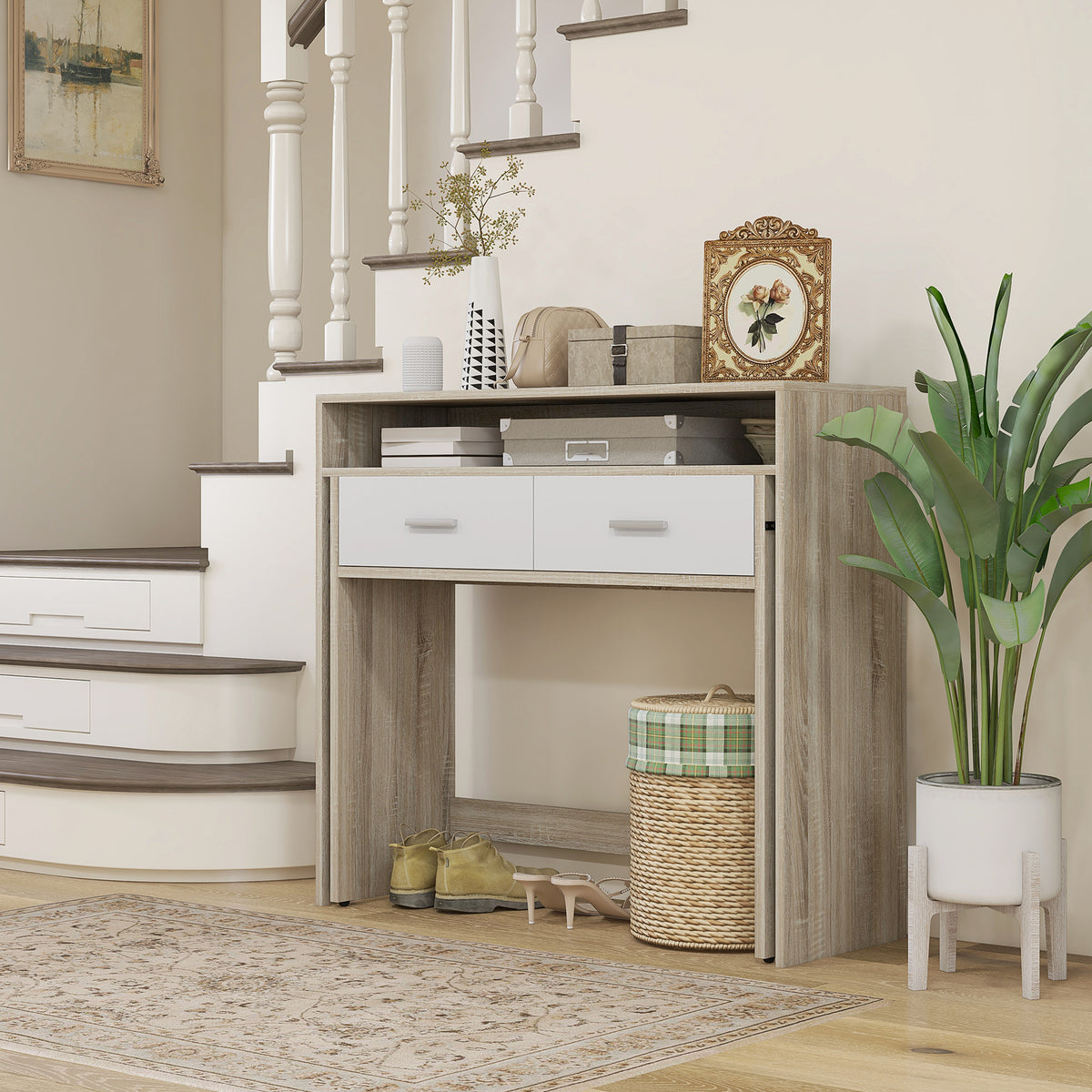 Table console avec plateau coulissant et 2 tiroirs, table de couloir avec rangement, 95l x 35P x 87H cm, aspect chêne