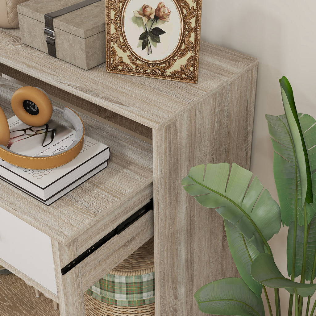 Table console avec plateau coulissant et 2 tiroirs, table de couloir avec rangement, 95l x 35P x 87H cm, aspect chêne