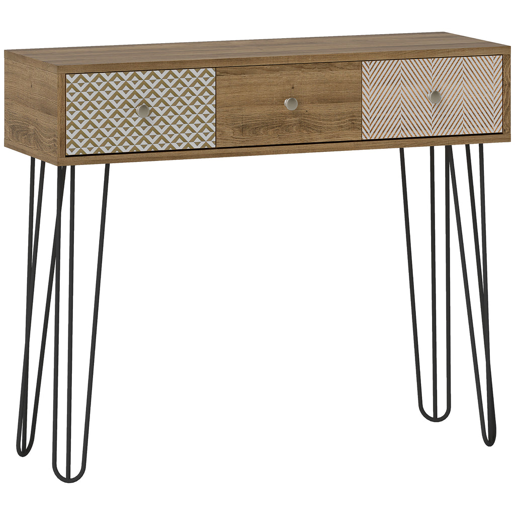 Table console avec 3 tiroirs, table d'entrée étroite avec pieds en épingle à cheveux en acier, 90 x 30 x 75 cm, marron