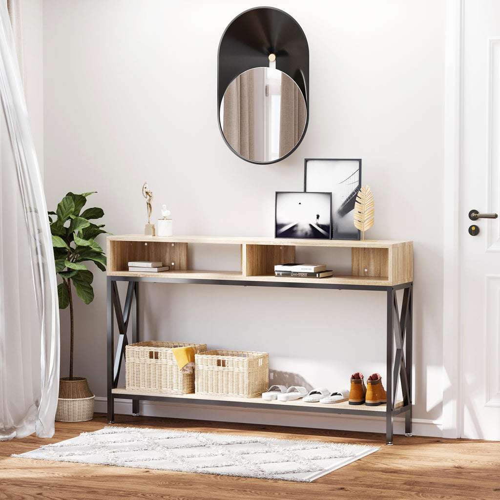 Table Console Table d'Entrée Industriel Multi-rangements 120 x 23,5 x 75 cm Bois Chêne